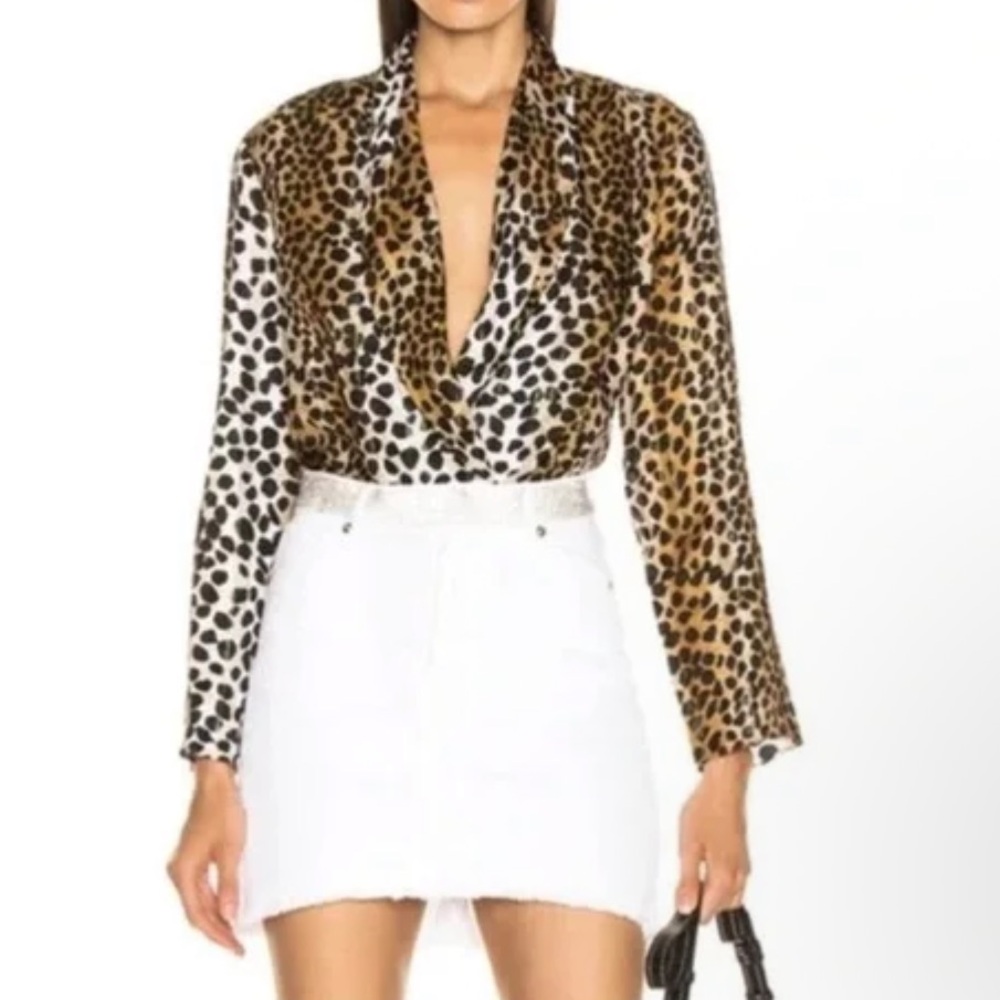 RIXO Avril Leopard Black Tan Deep Plunge Line Silk Viscose Blend Bodysuit
